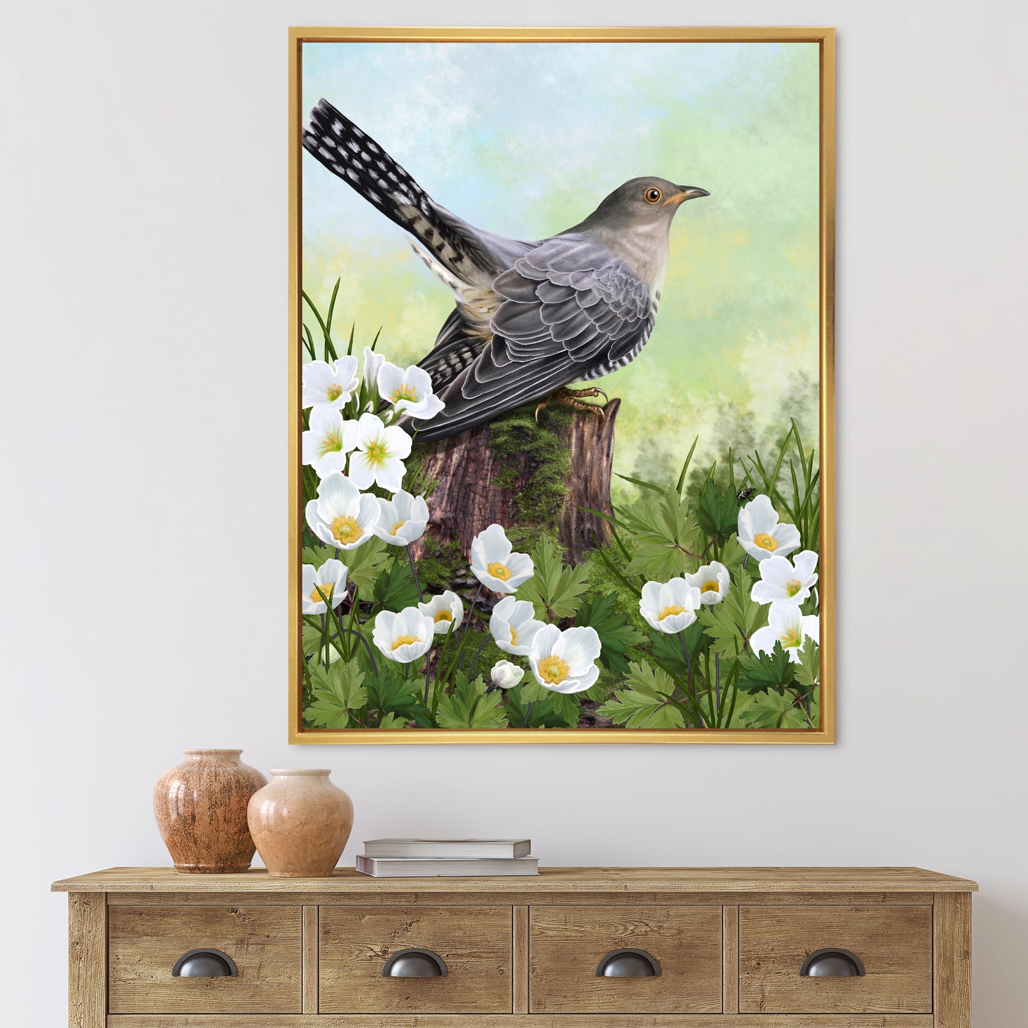 Designart 'Cuckoo Bird On An Old Stump and White Flowers' Traditional Framed Canvas Wall Art Print