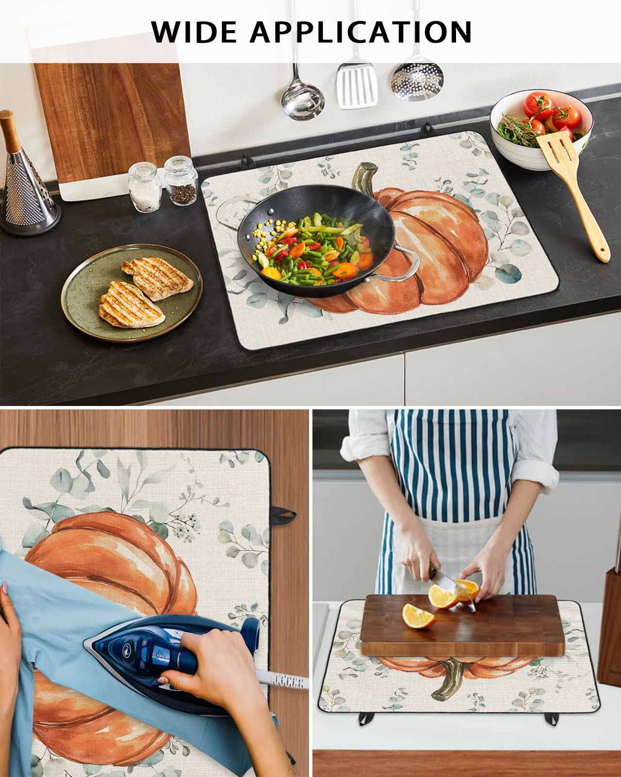 Large Induction Cooktop Protector Mat Thanksgiving Stove Top Covers for Electric Stove, Fall Orange Pumpkin Eucalyptus Leaves Decorative Stove Burner Cover Mats, Glass Top Stove Cover