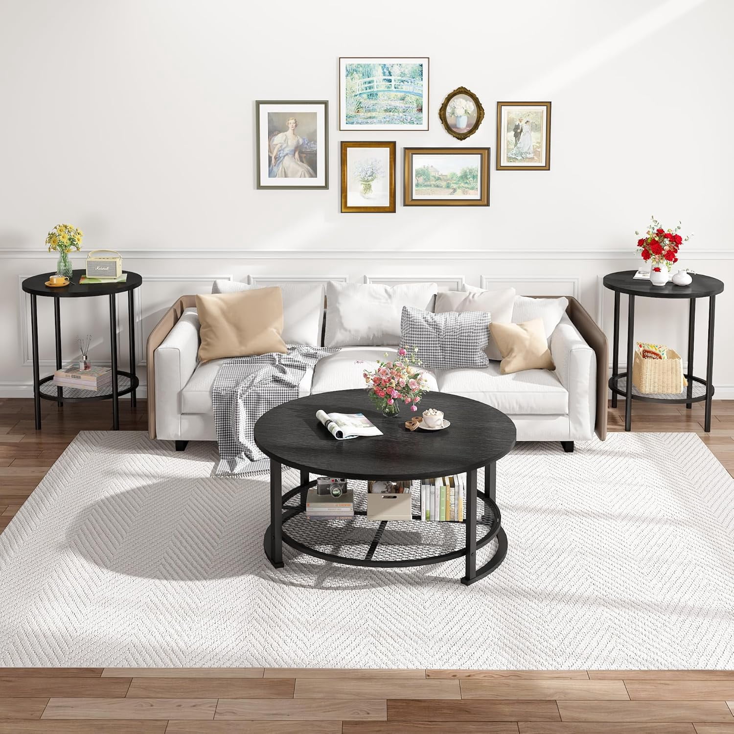 MIERES Round Coffee Table Set of 3, 2-Tier Metal Mesh Storage Shelf Living Room Set with 1 Large Center Table & 2 Small End Tables, Space-Saving Wooden Tea Table for Home Office Apartment, Black