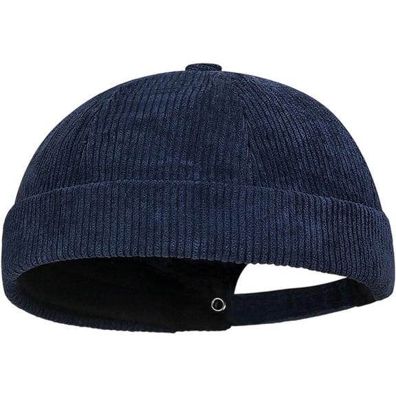 Hsqqdc Blue Corduroy Docker Cap, Retro Rolled Cuff Brimless Skullcap Adjustable for Men Women