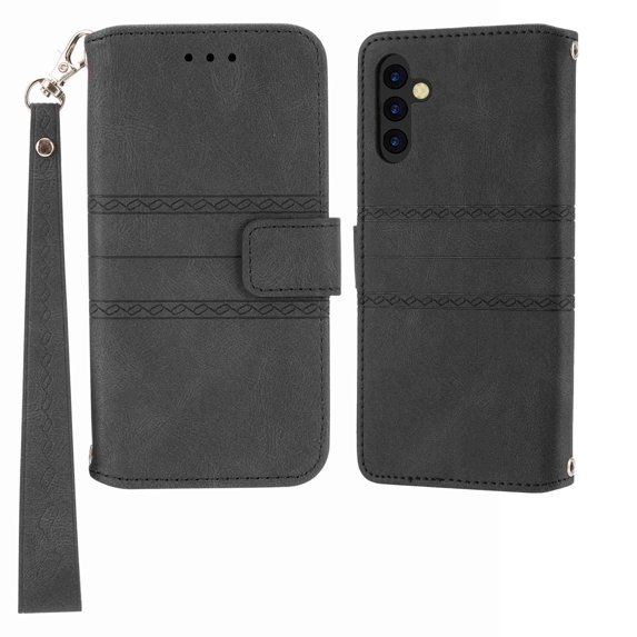 for Samsung Galaxy A13 5G Flip Case, Premium PU Leather Folio Flip with Design Card Slots Wrist Strap Shockproof Kickstand Magnetic Protective Girls Cover for Samsung A13 5G, Black