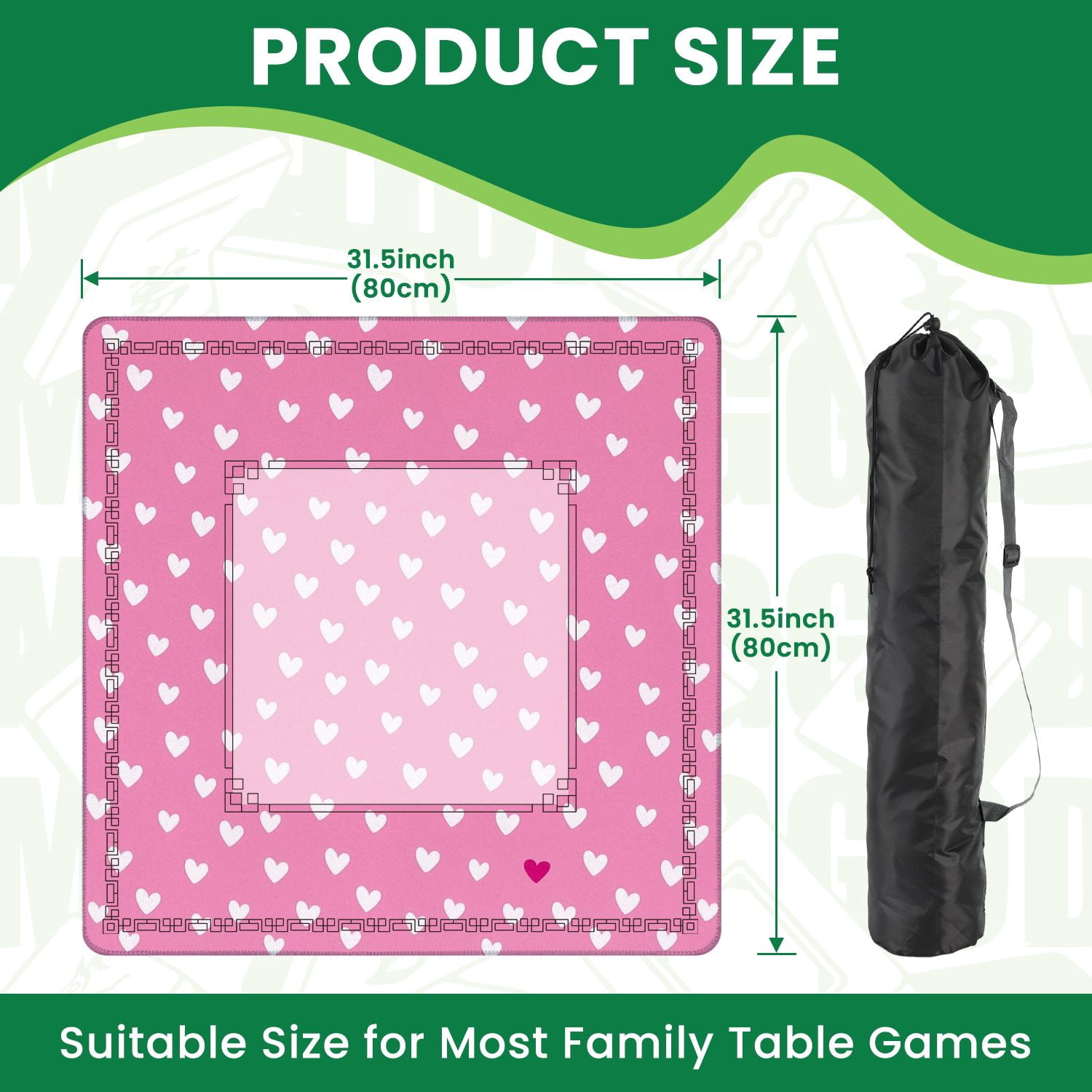 Mahjong Mat 31.5" x 31.5" Pink Heart White Red Hearts Soft Pink Non-Slip Noise Reduction American Mahjong Tiles Table Cover for Dominoes Poker Card Board Games Gift