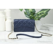 Tory Burch (64141) Savannah Royal Navy Smooth Leather Quilted T Logo Chain Crossbody Flat Wallet Bag