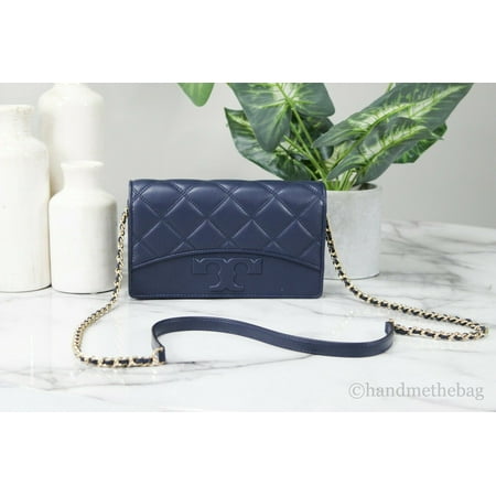 Tory Burch (64141) Savannah Royal Navy Smooth Leather Quilted T Logo Chain Crossbody Flat Wallet Bag
