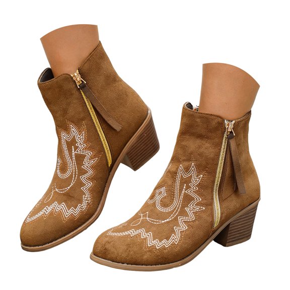 YLYL Women Ankle Booties Embroidery Round Toe Chunky Heel Side Zipper Retro Casual Short Boots