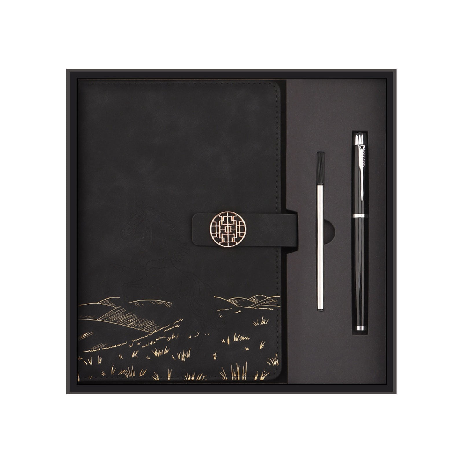 CSSJKYJ A5 Lined Leather Journal Notebook with Pen Set,9x9inch Vintage Hardcover Diary A5 Notebook with Magnetic Closure, Classic Business Gift Box Bag Set for Christmas Birthday(Black）