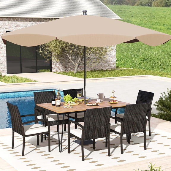 Costway 7 PCS Patio Dining Set with Acacia Wood Dining Table Rattan Armchairs Soft Cushions