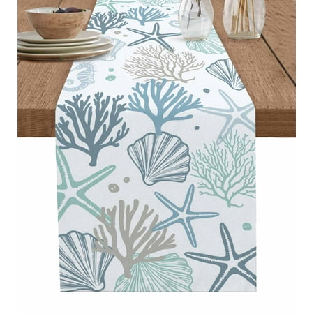 

Ocean Turquoise Table Runner Coastal Gradient Coral Starfish Shell Tablerunners 13 x 36 Inch Table Decorations Tabletop Scarf for Summer Gathering Holiday Farmhouse Kitchen Dining Decor