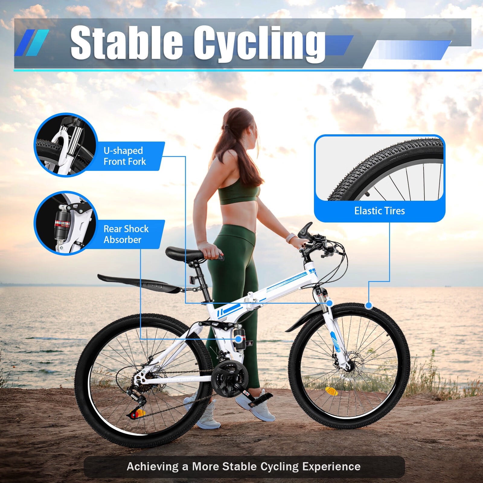 Aiqidi 26" Mountain Folding Bike with 21-Speed Gears Dual-Disc Brake Unisex Adult Mountain Bicycle Adjustable for Riding Traveling