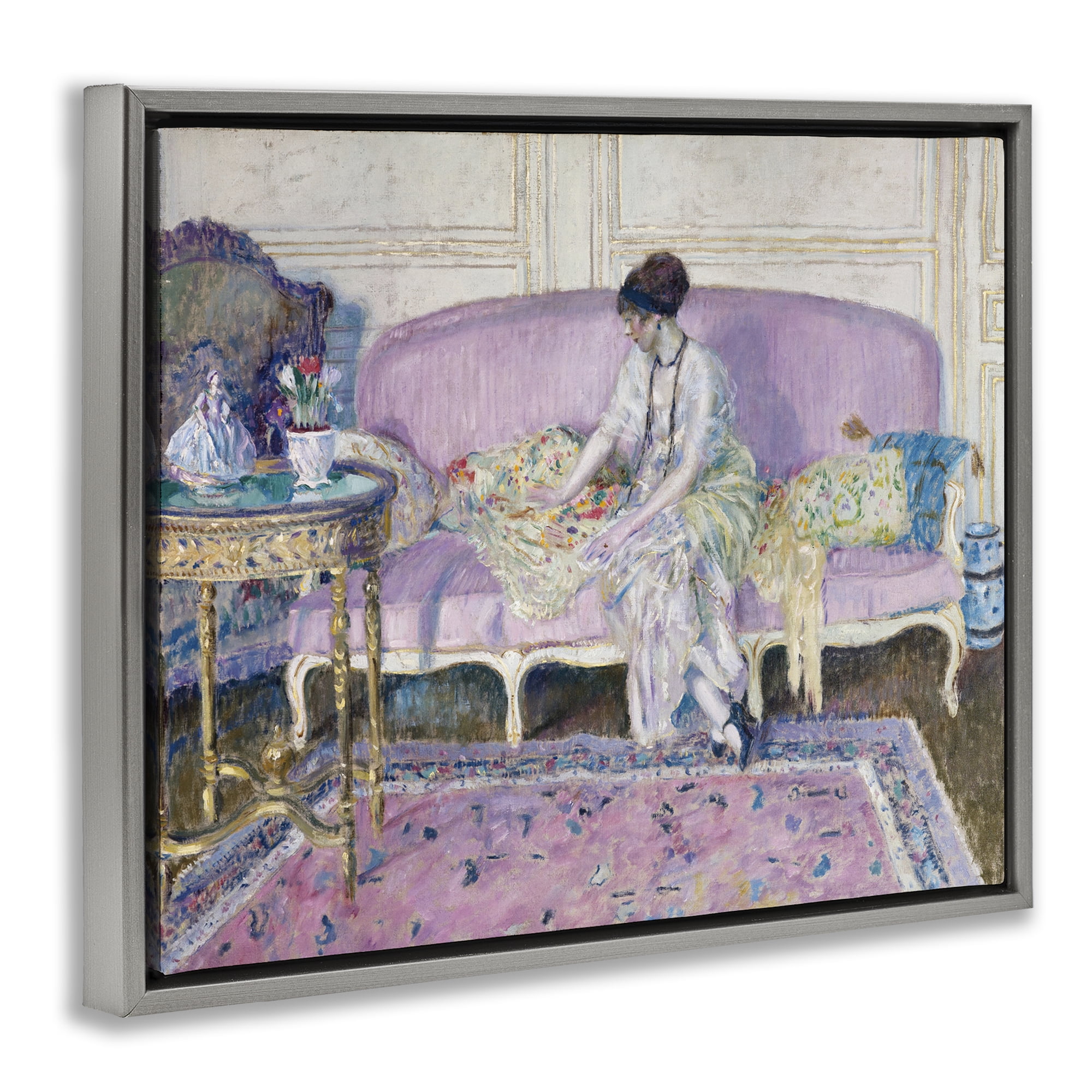 Woman Seated on Sofa Gray Framed Floater Canvas Wall Art, design by Wild Apple Portfolio
