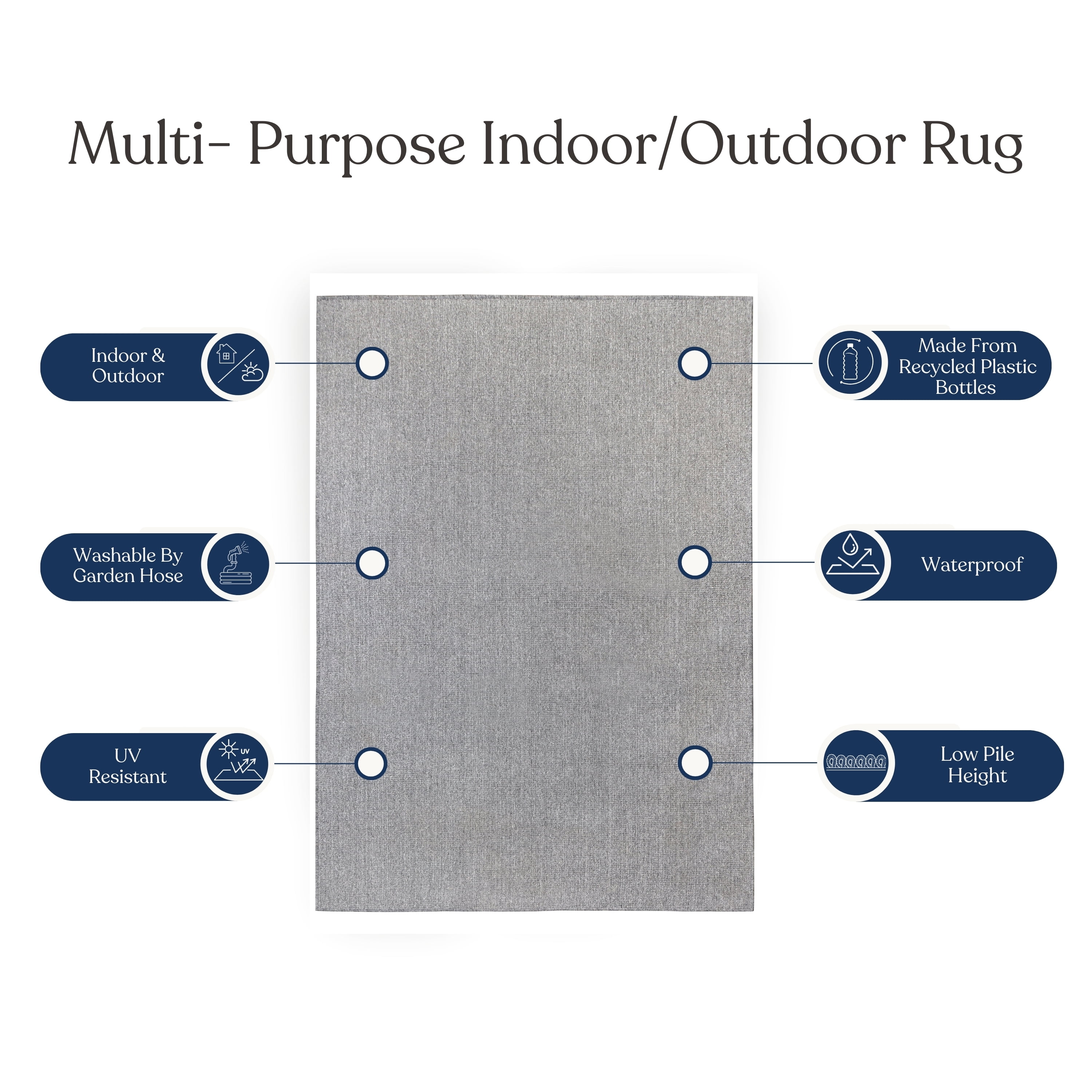 Delara Dark Grey 5' x 8' Indoor Outdoor Area Rug, Non-Shedding, Hose Washable, Easy Clean, Recycled Polyester, Sustainable, Living Room & Patio