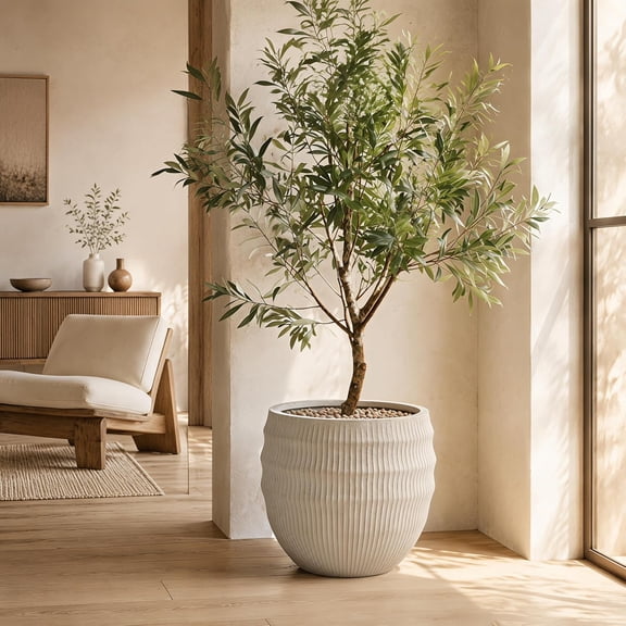 Haven Crest 17.7" Dia Sand Beige Concrete Round Planter, Wavy Textured Large Plant Pot, Large Indoor Outdoor Plant Pot with Drainage Hole and Rubber Plug