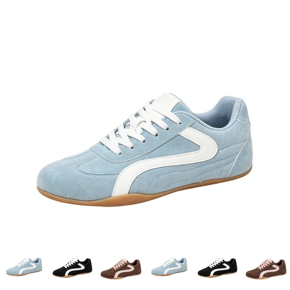 IEMIEMIEM Women's Sneakers Retro Faux Suede Low Top Colorblock Stripe Lace Up Flat Casual Walking Shoes Vintage Fashion Daily Sneakers Blue 8 Wide