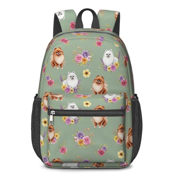 Pomeranian and Flowers 17" Waterproof Oxford School Backpacks for Teens, S-Shape Padded Straps, for School, Travel, Hiking, Camping