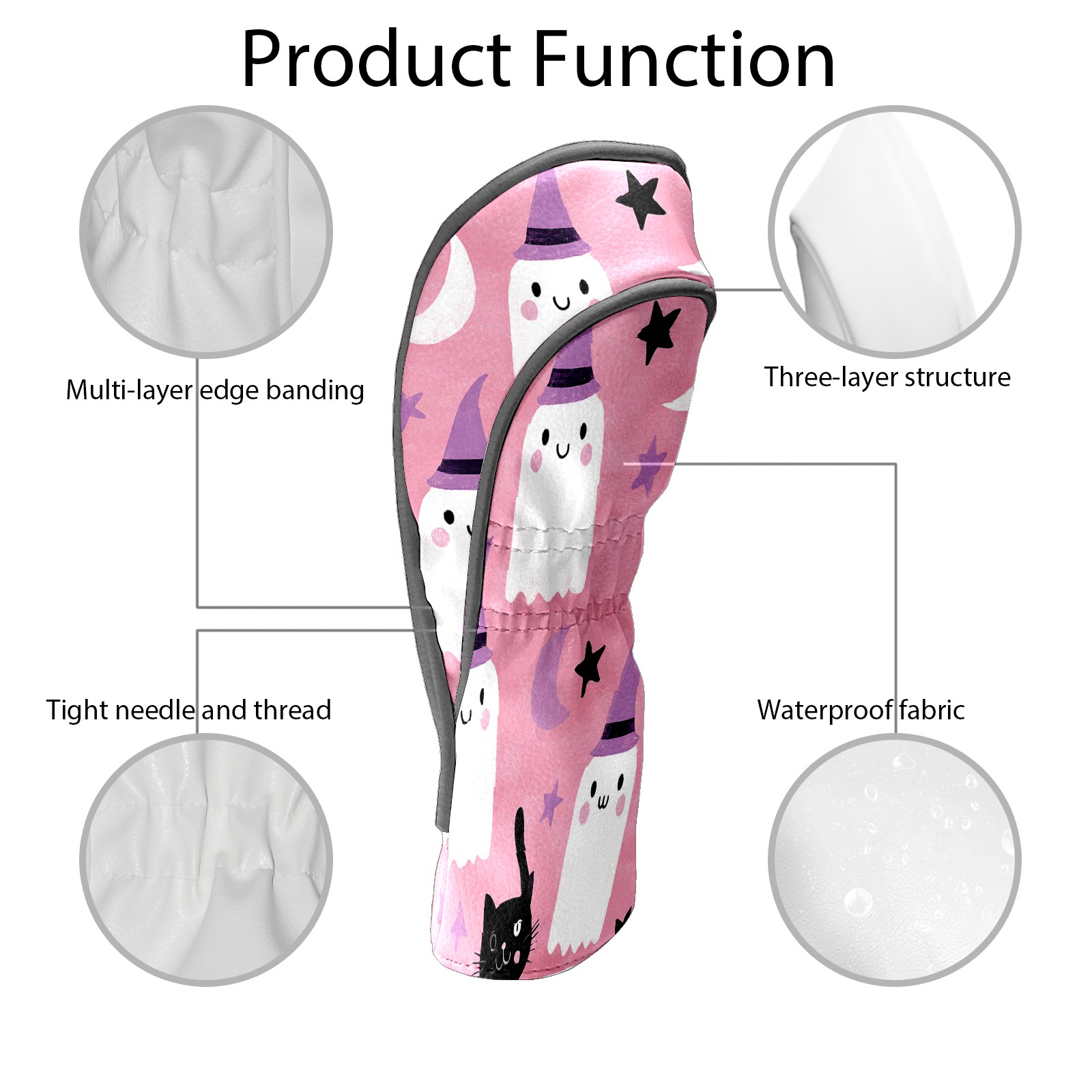 Golf Club Covers, Pink GhostCat Premium PU Leather Driver Hybrid Putter Head Covers with Velvet Lining, Waterproof Golf Gifts for Men Women