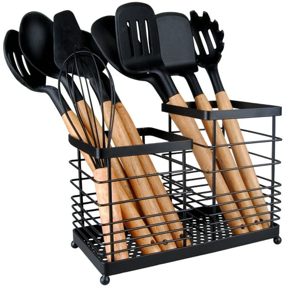 Kitchen Utensil Holder for Countertop,AILKIN Silverware Organizer with 2 Compartments for Kitchen Counter,Flatware Kitchen Utensil Holder Organizer Storage Box for Silverware,Fork,Spoon,Spatula