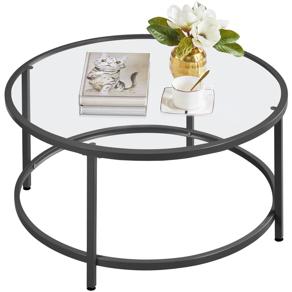 Yaheetech 27.5" Modern Glass Top Round Coffee Table for Living Room, Apartment, Black