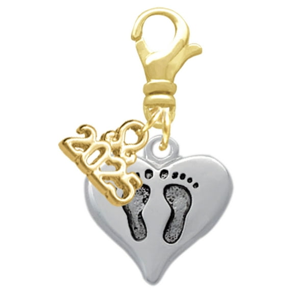 Delight Jewelry Silver-tone Heart with Baby Feet - Gold-tone Clip on Charm with Mini Year 2025