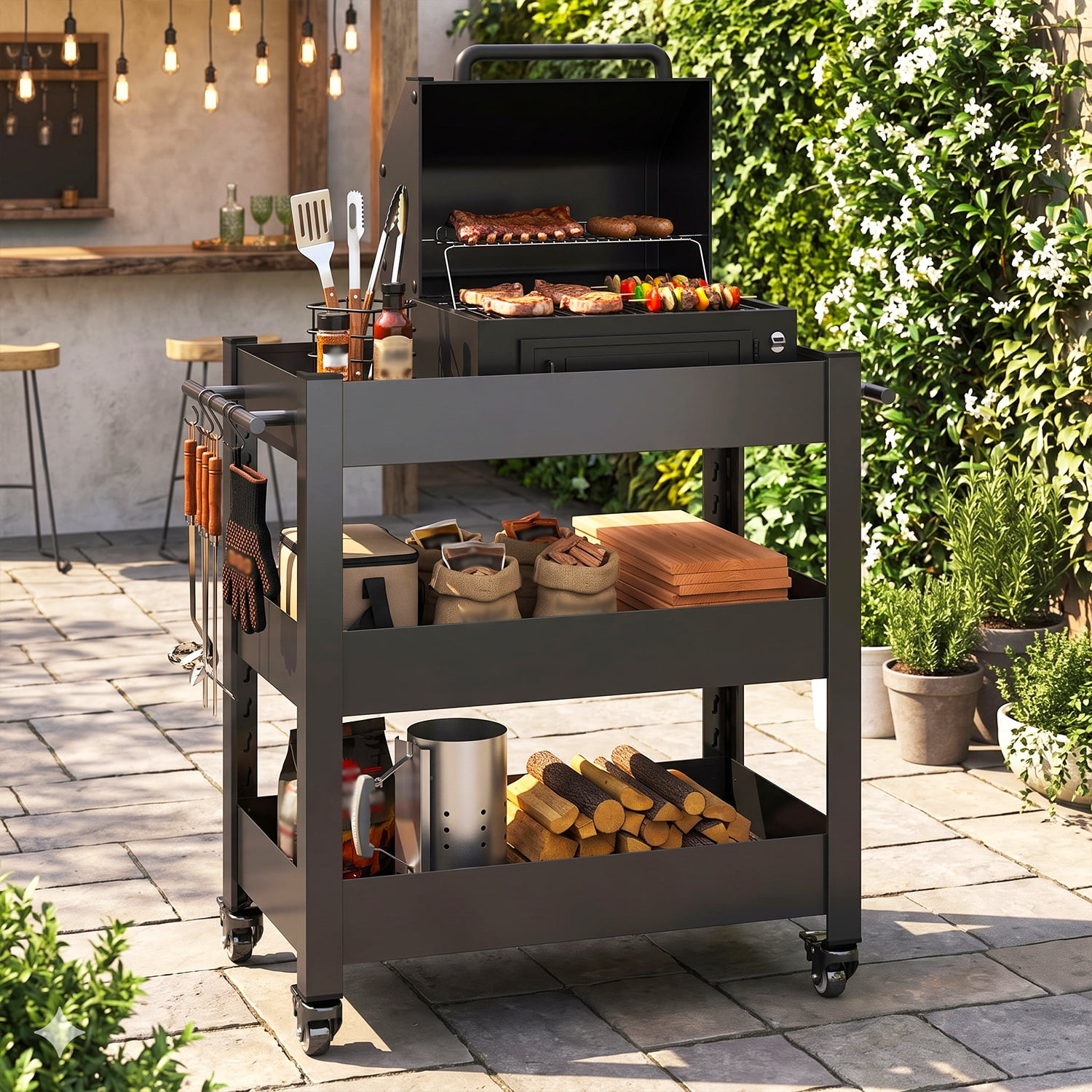 Heavy-Duty Grill Cart with 3-Tier Storage and Pegboard for BBQ