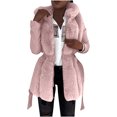 thumbnail image 2 of Uootdi Winter Jackets for Women Hood Zip up Fleece Faux Leather Patchword Coats Casual Elegant Warm Outerwear with Belt Gift, 2 of 8