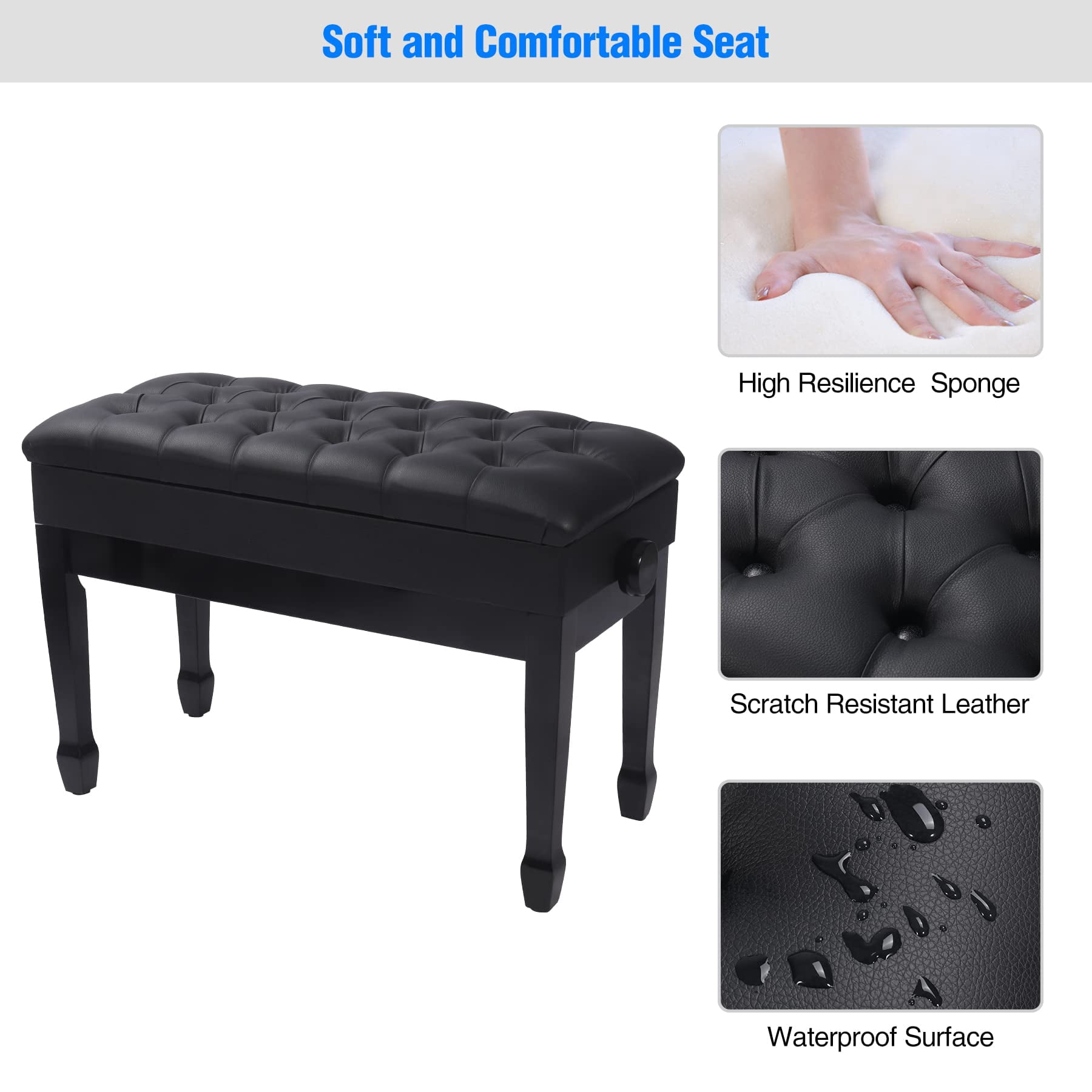 Adjustable Duet Piano Bench With Storage  Heavy Duty Double Benches Leather Cushion Black For Adults 13.8" D X 31.5" W 19.3" H