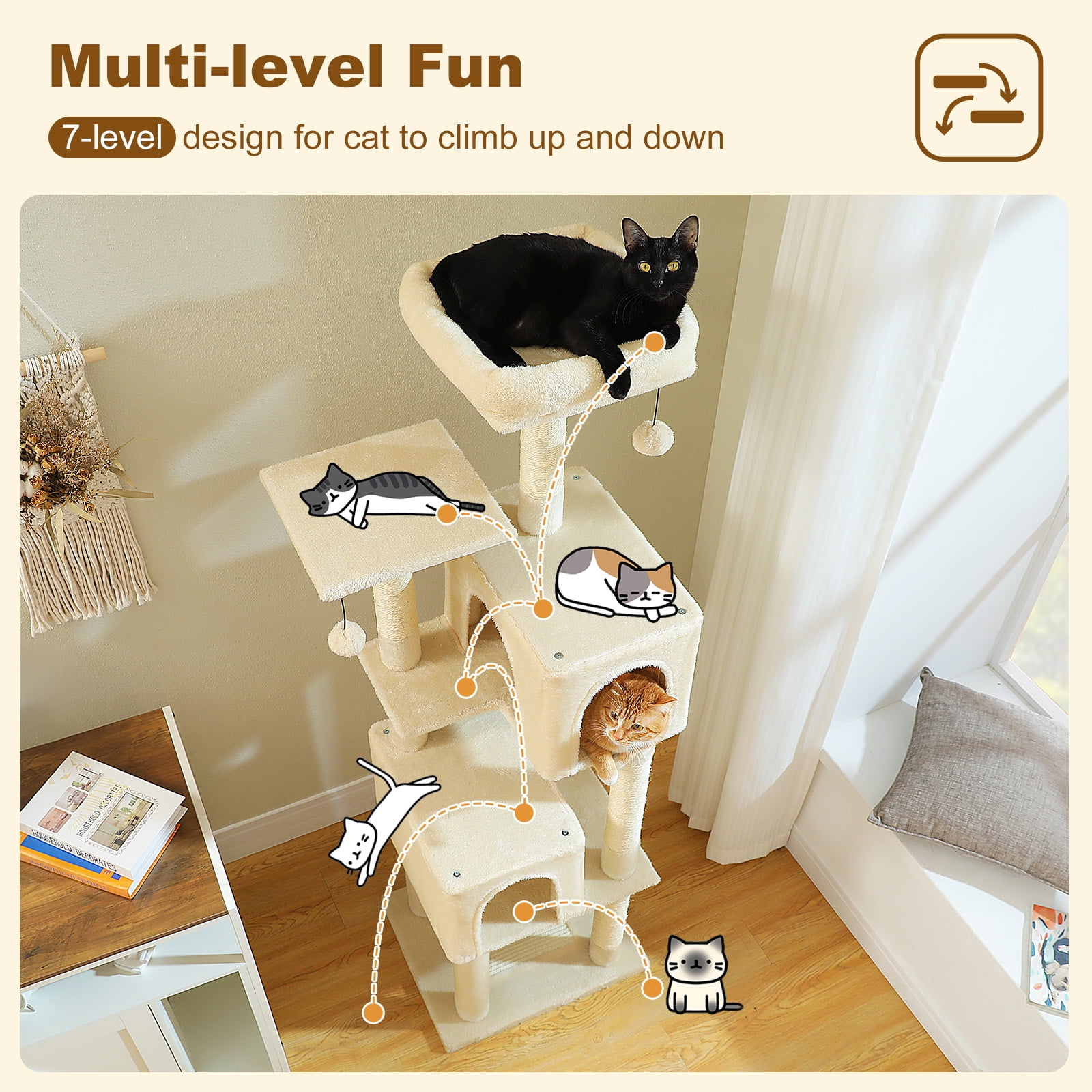 resenkos 62" Multi-Level Cat Tree for Indoor Cats, Cat Tower with Cozy Cat Condo and Top Perch for Small&Medium Cat, Beige