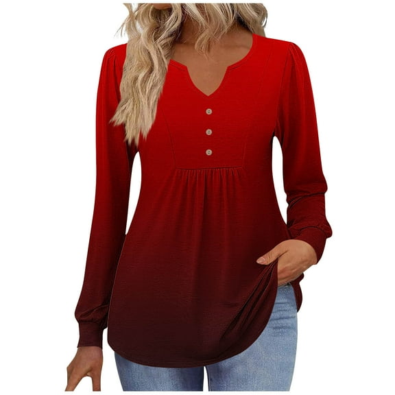 Kaemgyyd Womens Tops Long Sleeve Fall Shirts Gradient Notch V Neck Tunic Shirt Fashion Pleated Flowy Dressy Casual Blouses