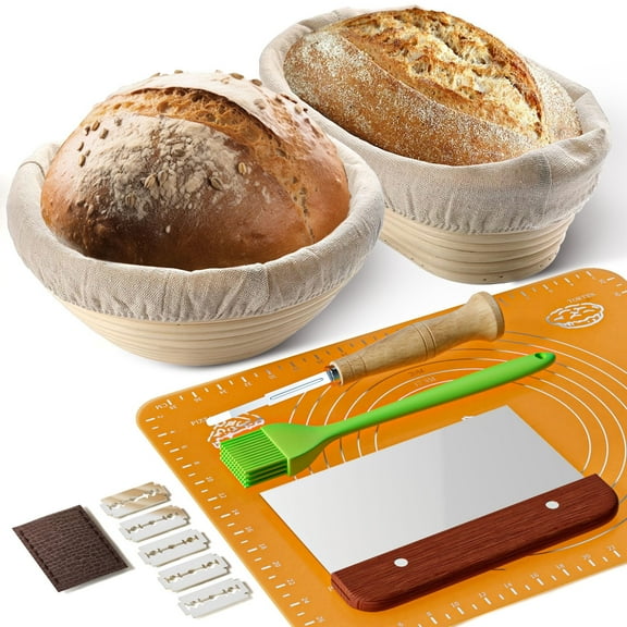 TINANA Bread Proofing Basket Set of 2, 9 Inch Round & 10 Oval Cane Sourdough Baskets with Lame, Dough Scraper Linen Liner Basting Brush for Making Baking Fermentation