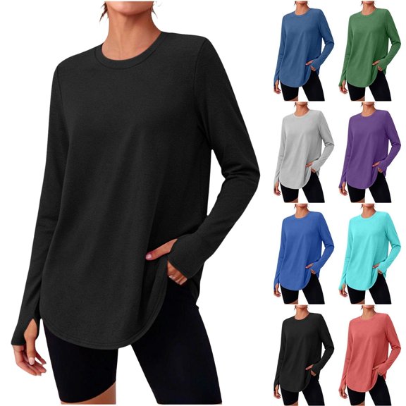 QINGFSAP Womens Long Sleeve Workout Shirt Round Neck Tunic with Thumb Holes Curved Hem Athletic Top