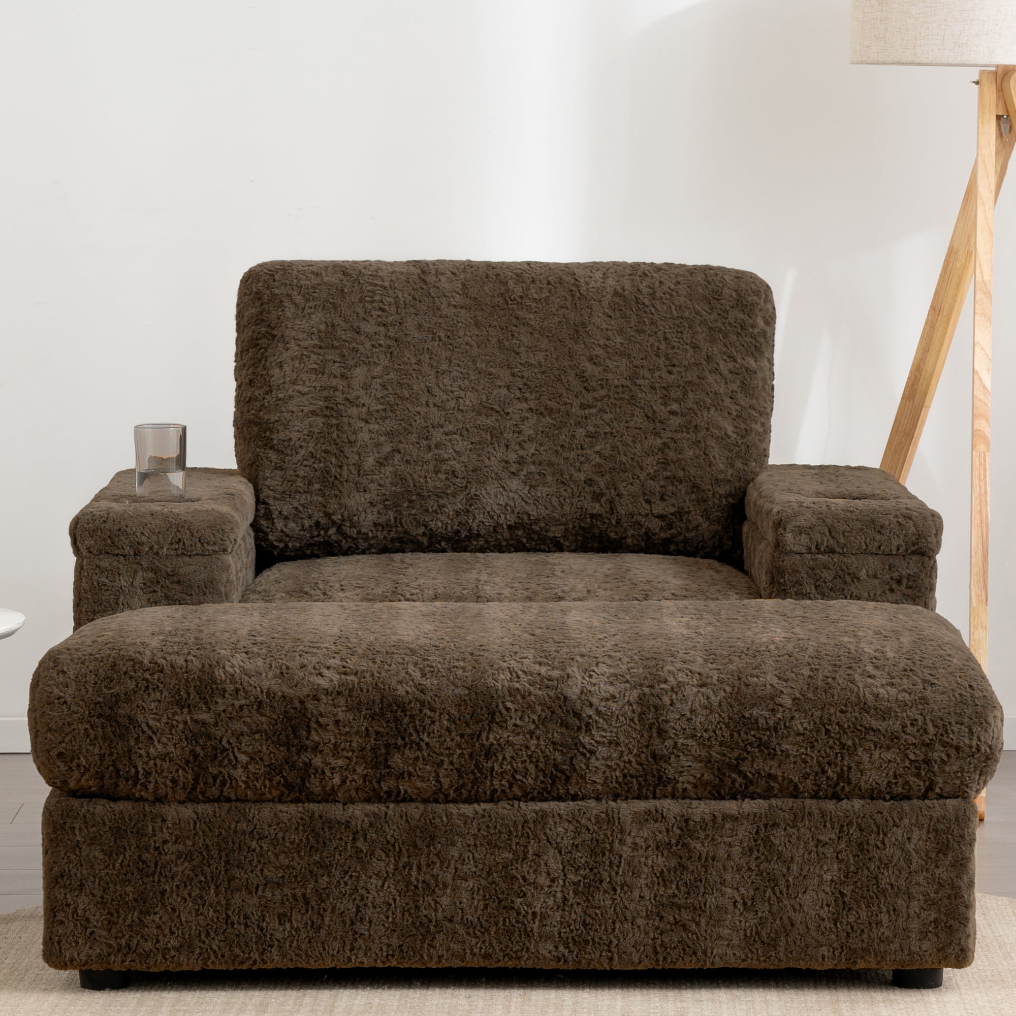 42" Oversized Chaise Lounge Chair Indoor,Upholstered Accent Chair Armchair with Storage Ottoman and Cup Holders, Reading Couch with Deep Seat for Living Room,Bedroom,Brown