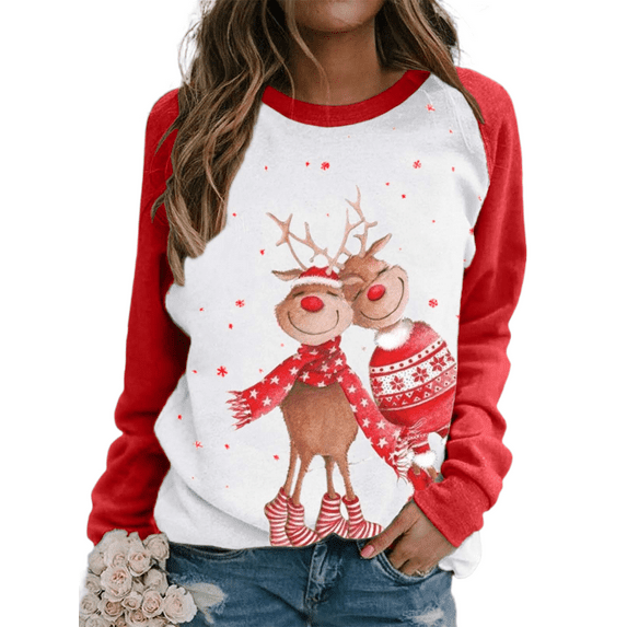 Sedceaty Women Christmas Sweatshirt, Elk Print Splicing Crew-Neck Long Sleeve Pullover Tops for Ladies, 3 Colors