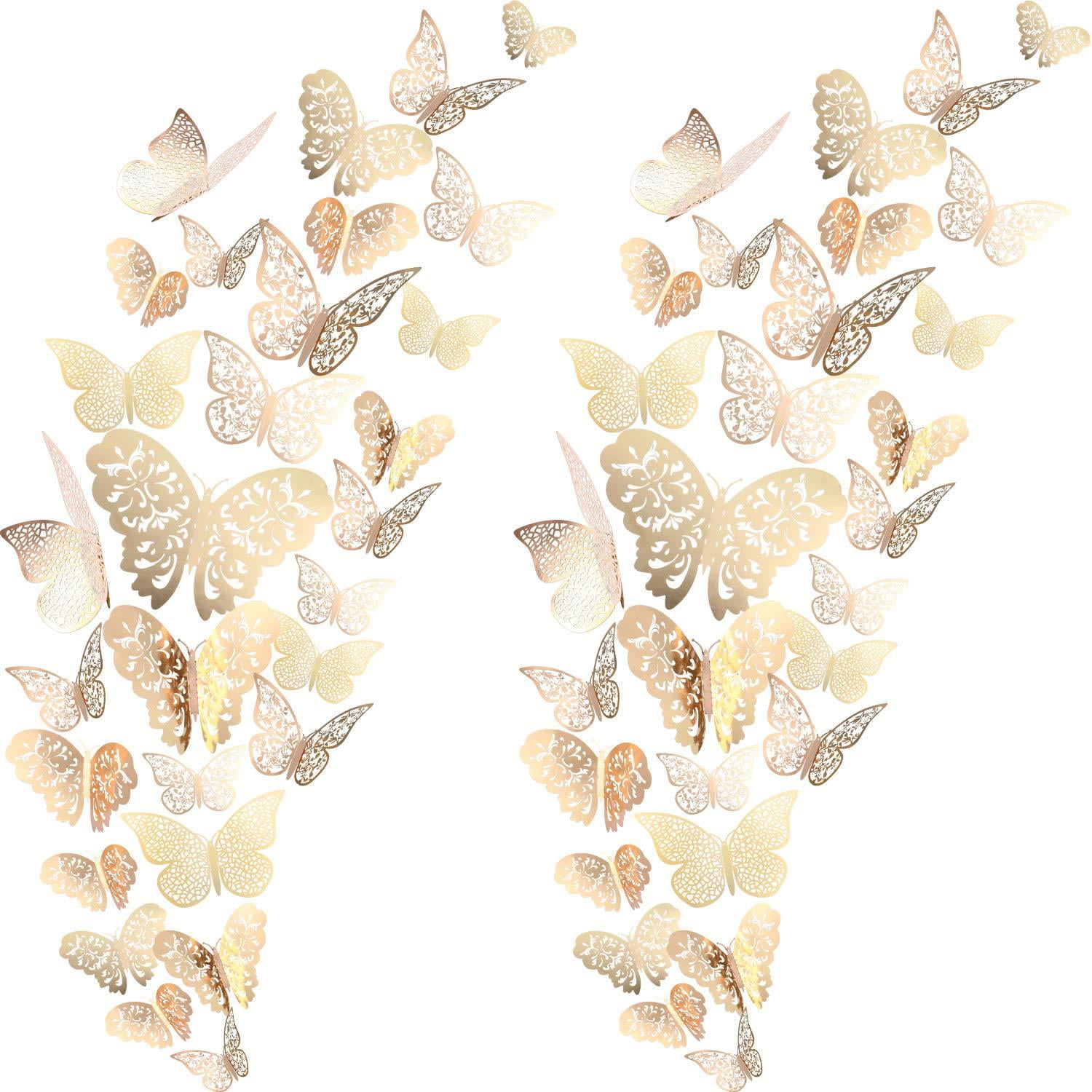 72 Pieces 3D Butterfly Wall Decals Sticker Wall Decal Decor Art Decorations Sticker Set 3 Sizes for Room Home Nursery Classroom Offices Kids Girl Boy Bedroom Bathroom Living Room Decor Rose Gold 