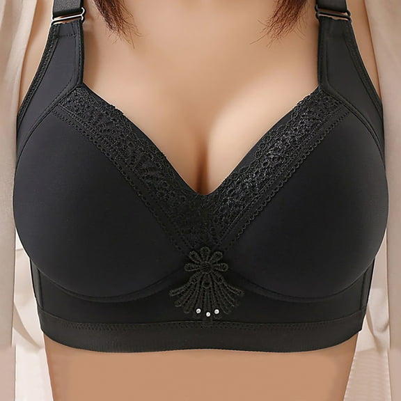 REORIAFEE Push up Sports Bras for Women Wireless Lace Trim Daily Bra for Older People Bras V Neck Comfy Corset Bra Adjustable Straps Lightly Lined Classic Seamless Brassiere Anti-Sagging Bra