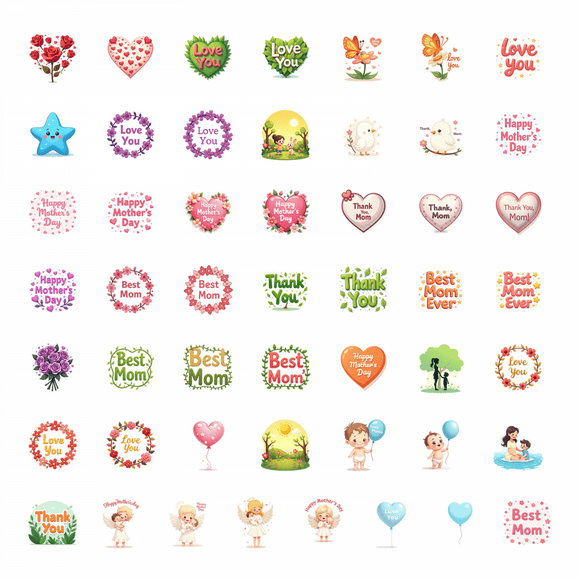 50pcs Lovely Mother's Day Flower Stickers Plant Love Decals Spring Stationery Phone Notebook Laptop Bicycle Guitar Water Bottle Sticker Set