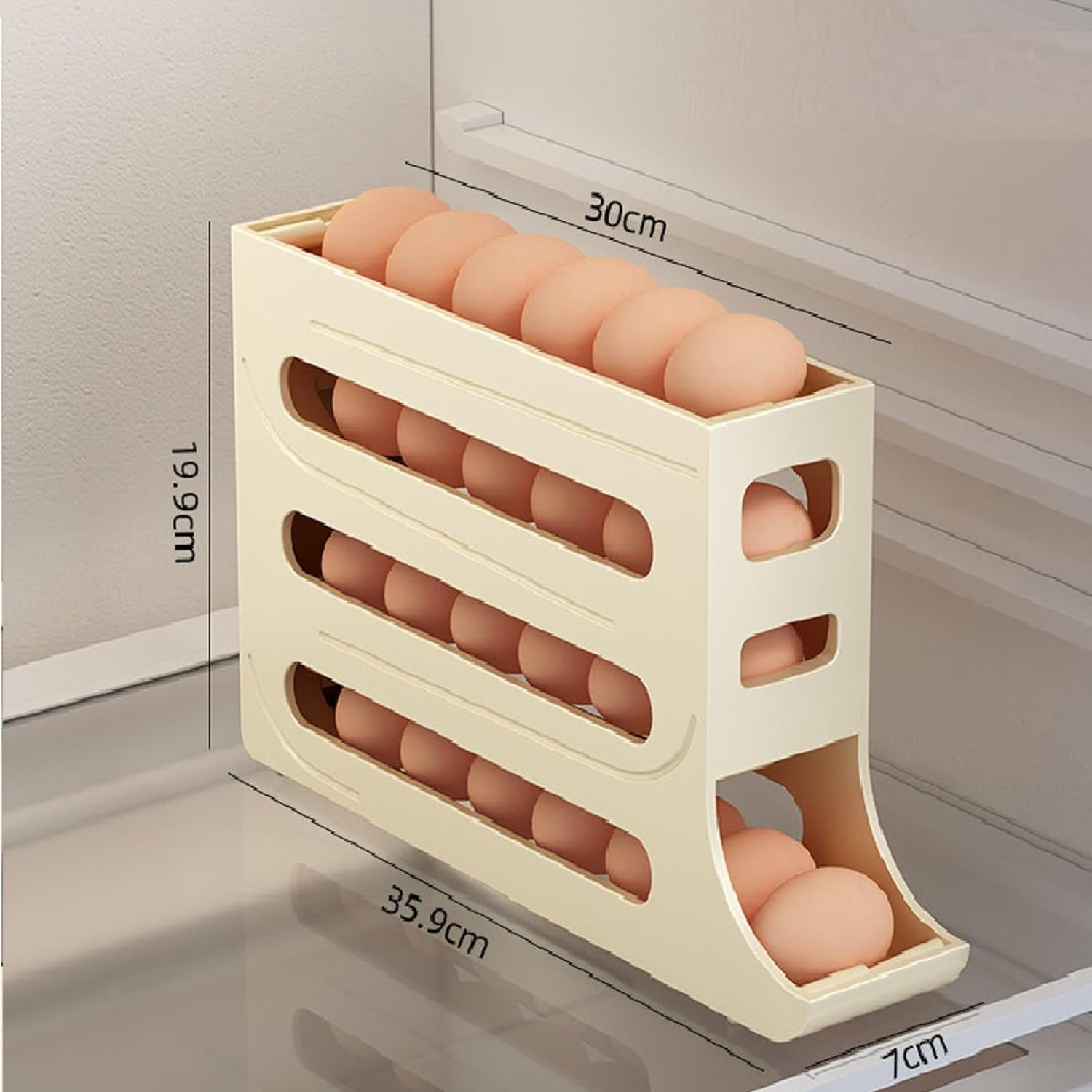 Four-Layer Egg Storage Rack, Auto Rolling Fridge Egg Organizer, Refrigerator Egg Storage Box,4 Tier Rolling Egg Holder Dispenser (1 PCS Beige)