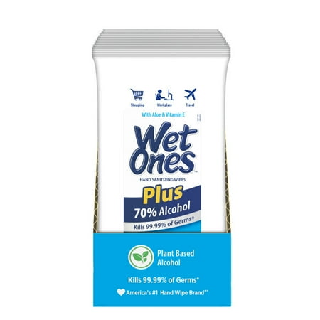 Wet Ones Plus Alcohol Hand Sanitizing Wipes Travel Pack, 20 Ct, Pack of 10 (200 Wipes Total), Kills 99.99% of Germs, With Aloe & Vitamin E