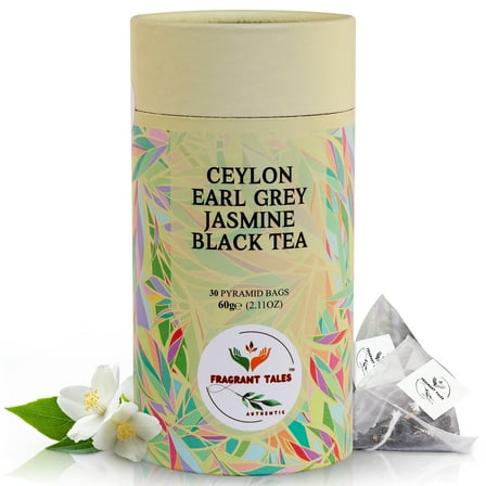 Fragrant Tales Ceylon Earl Grey Jasmine Flavor Black Tea - 30 Pyramid Bags, 60 g