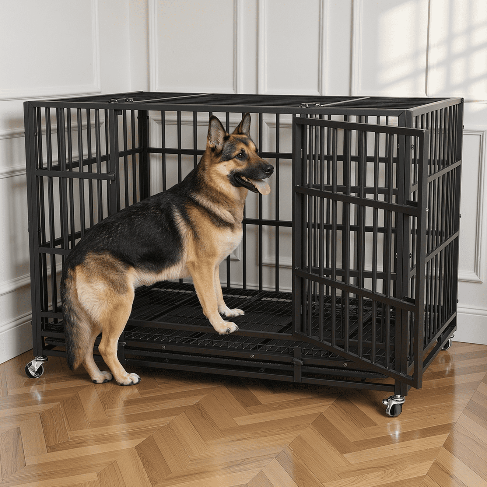 RichYa 42 inch Heavy Duty Indestructible Dog Crate, Escape-Proof Dog Crate Cage Kennel with 4 Lockable Wheels, High Anxiety Dog Crate with Double Door and Removable Tray Design, for Large Dogs