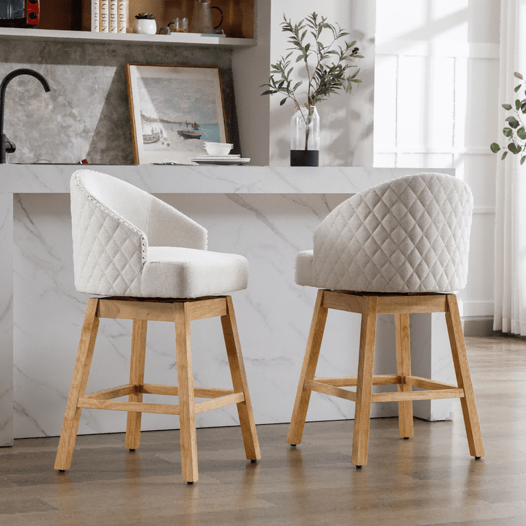 Vipbear Swivel Bar Stools With Back Set Of 2,26 Inch Linen Upholstered Counter Height Bar Stools For Kitchen Island, Round Footrest, Solid Wood Legs