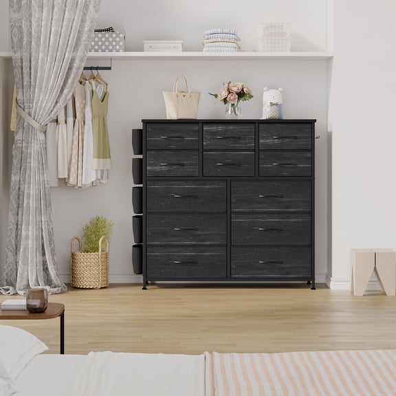 PYY 12-Drawer Fabric Storage Cabinet with Side Pockets & Hooks – Tall Dresser Organizer, Sturdy Steel Frame, Wood Top, Easy Pull Handles, for Bedroom, Closet, Entryway and Home Office – Black