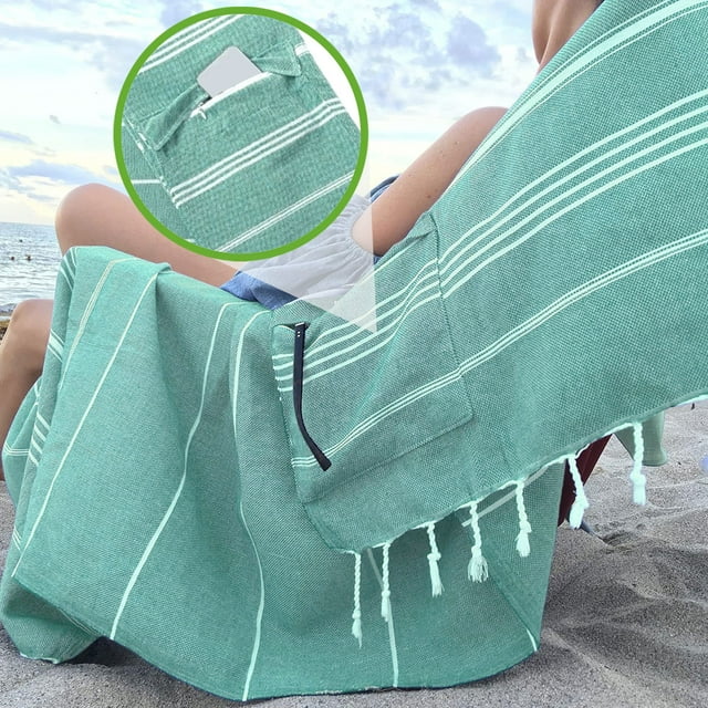Square Beach Towel With Hidden Zipper Pocket, Fringed Striped Large Size Bath Towel, Sand Free, Absorbent & Fast Dry, Multifunctional For Beach Pool Camping