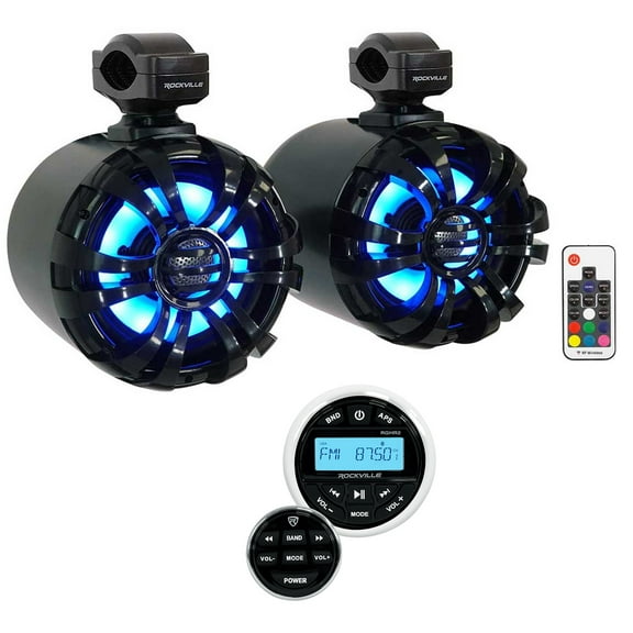 2 Rockville WB65KLED Black 6.5" LED Marine Wakeboard Swivel Tower Speakers Radio