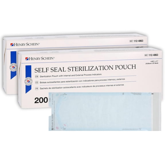 Henry Schein Self-Sealing Sterilization Pouches, Latex-Free, Built In Color 200/Bx, 2 Boxes, 400 Counts