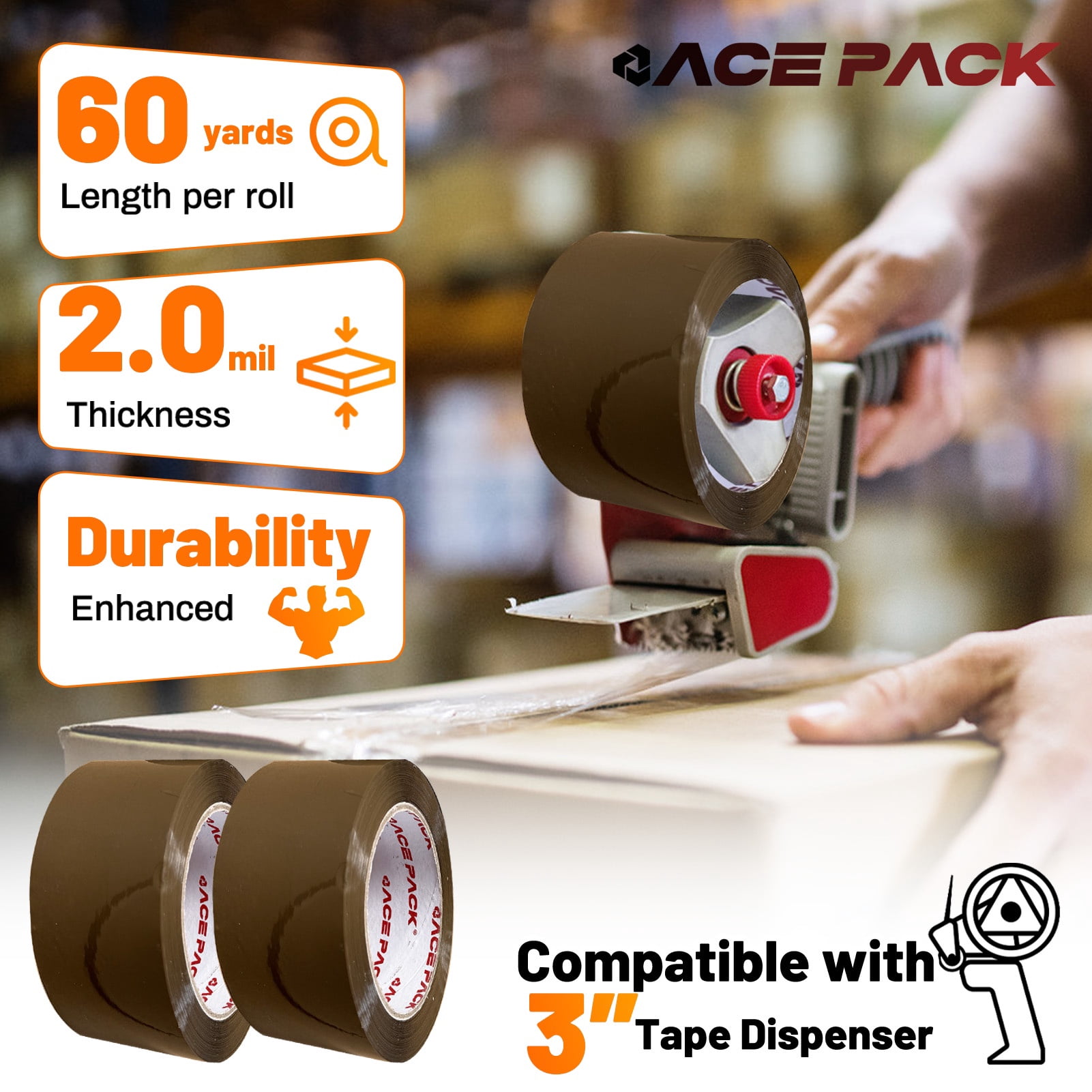 Ace Pack 2" Wide x 60 Yards Per Roll, 2.0 Mil Thick Heavy Duty Brown Packing Tape Sealing Tape Shipping Tape 24 Rolls