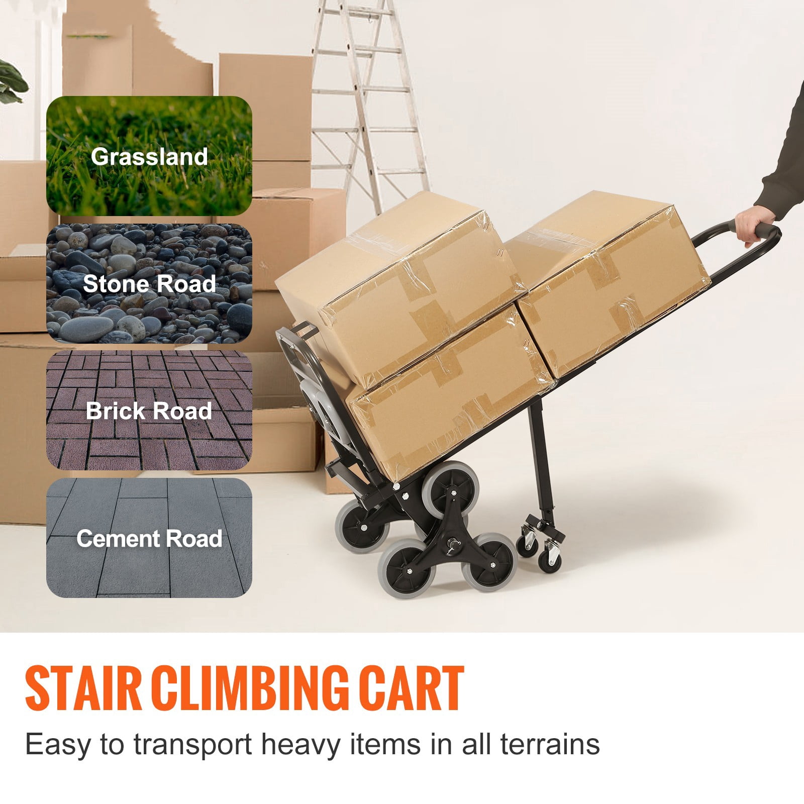 BENTISM Stair Climbing Cart 375lbs Capacity, Portable Folding Trolley with 10 Wheels, Stair Climber Hand Truck with Adjustable Handle for Pulling, All Terrain Heavy Duty Dolly Cart for Stairs
