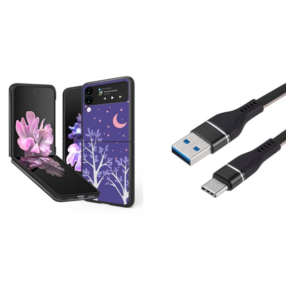 Bemz Premium Bundle for Samsung Galaxy Z Flip 3 5G: Slim Snap-On Protector Case (Purple Night), Nylon Braided USB-C to USB-A Cable (3 Feet)
