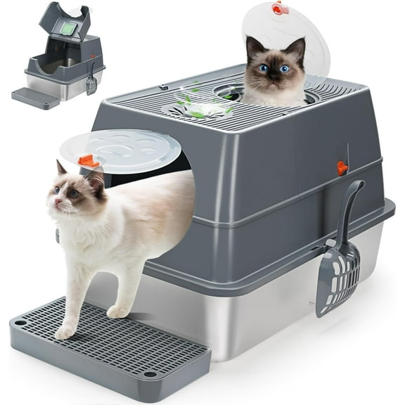 Stainless Steel Litter Box Enclosed, Stainless Steel Cat Litter Box with Flip-Top Lid, Front Entry Top Exit, Easy to Clean & Assemble - Dark Grey