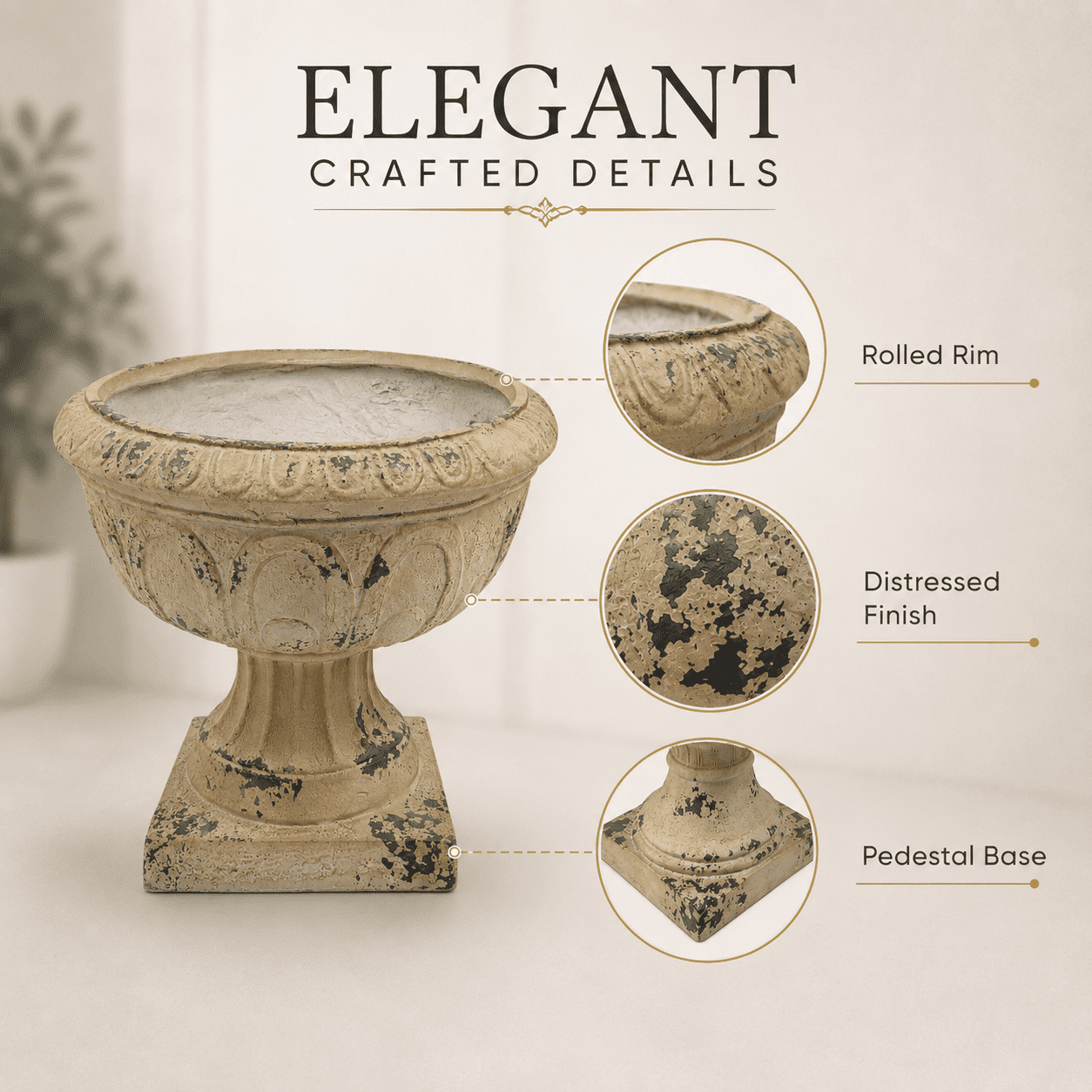 Aukfa Large MGO Garden Urn Planter, Outdoor Tall Decorative Stone-Look Flower Pot with Drainage Hole & Weather-Resistant, White