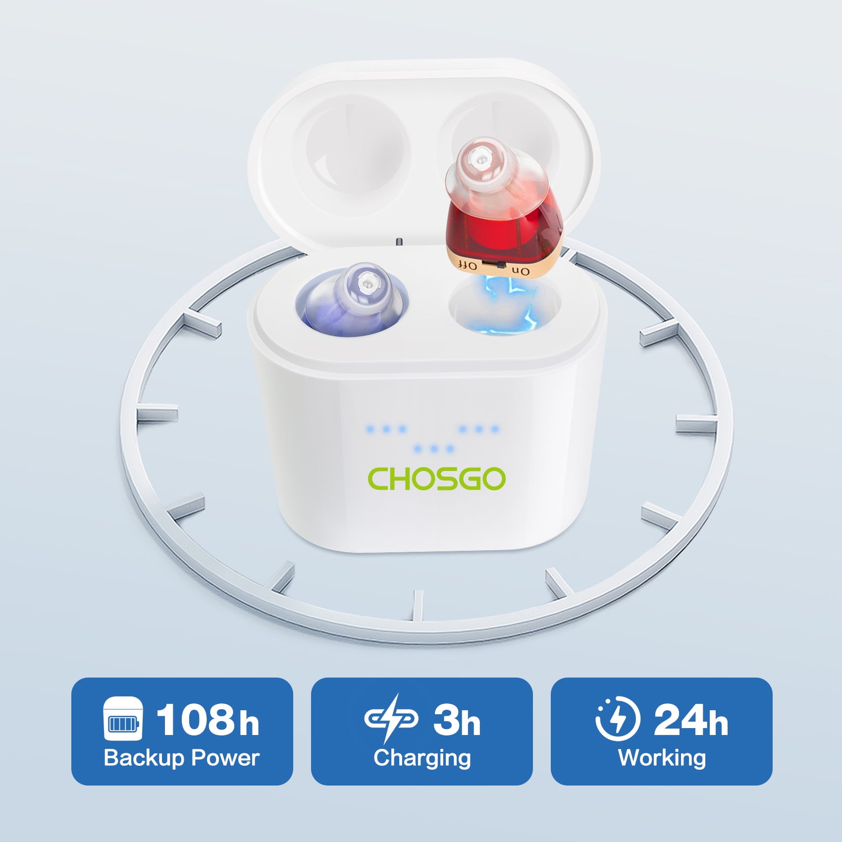 Chosgo Rechargeable CIC Hearing Aids for Seniors with Noise Cancelling, Hearing Amplifiers for Ear with Portable Charging Case, Mini CIC Hearing Aids with 12-Channel(Red&Blue)