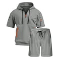 thumbnail image 4 of Men's Tracksuit 2 Piece Quarter Zipper Hooded Sweatshirt Multi Zipper Pocket Athletic Sweatsuit Short Sleeve Casual Sports Hoodie Shorts Set Sweatsuit Size 3XL Gray, 4 of 5
